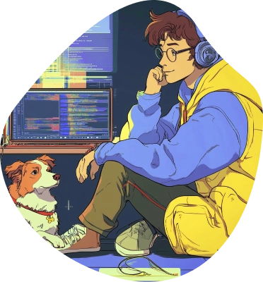 about me image illustration of me sitting listening to music with my dog at my feet